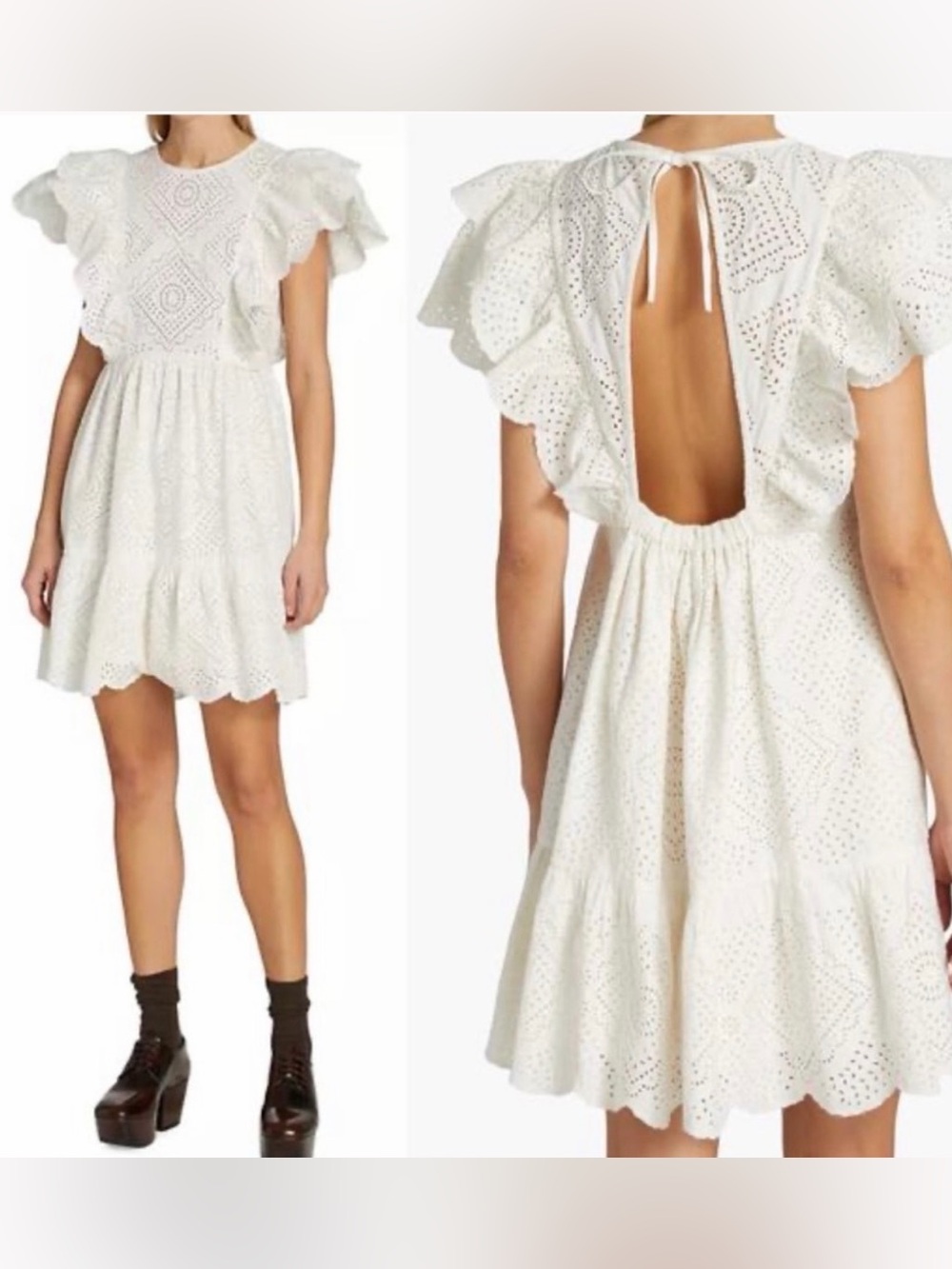 Sea New York White Eyelet Ruffle-Sleeve Mini Dress- small